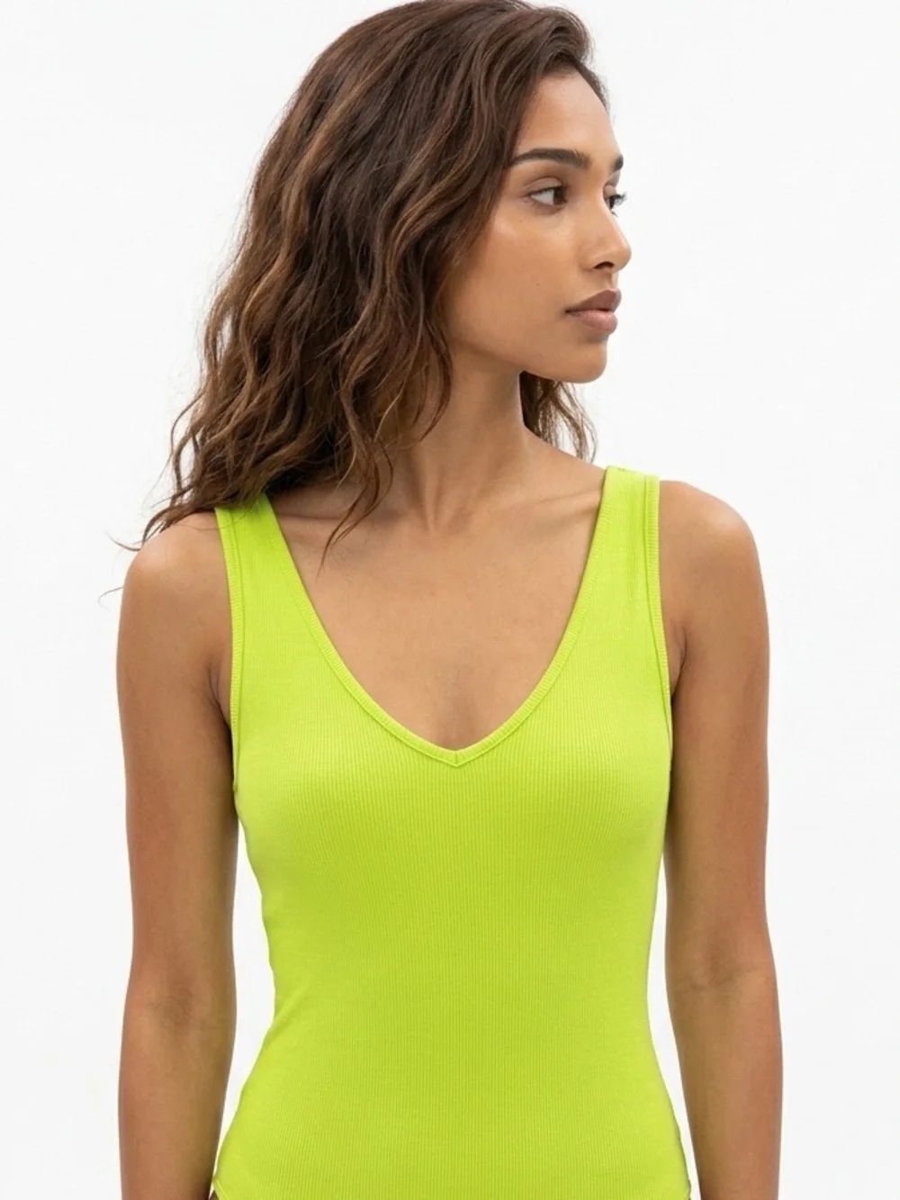 BELLELOVIN | Neon Lime Green V-Neck One-Piece Tank Bodysuit Women’s Size Small